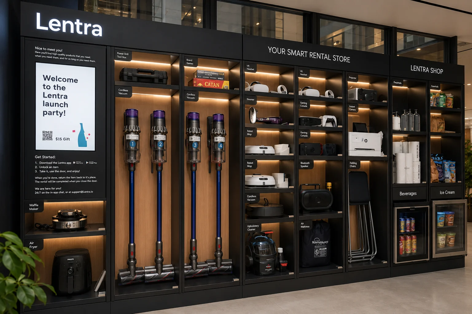 Full Lentra locker wall with the catalog on display