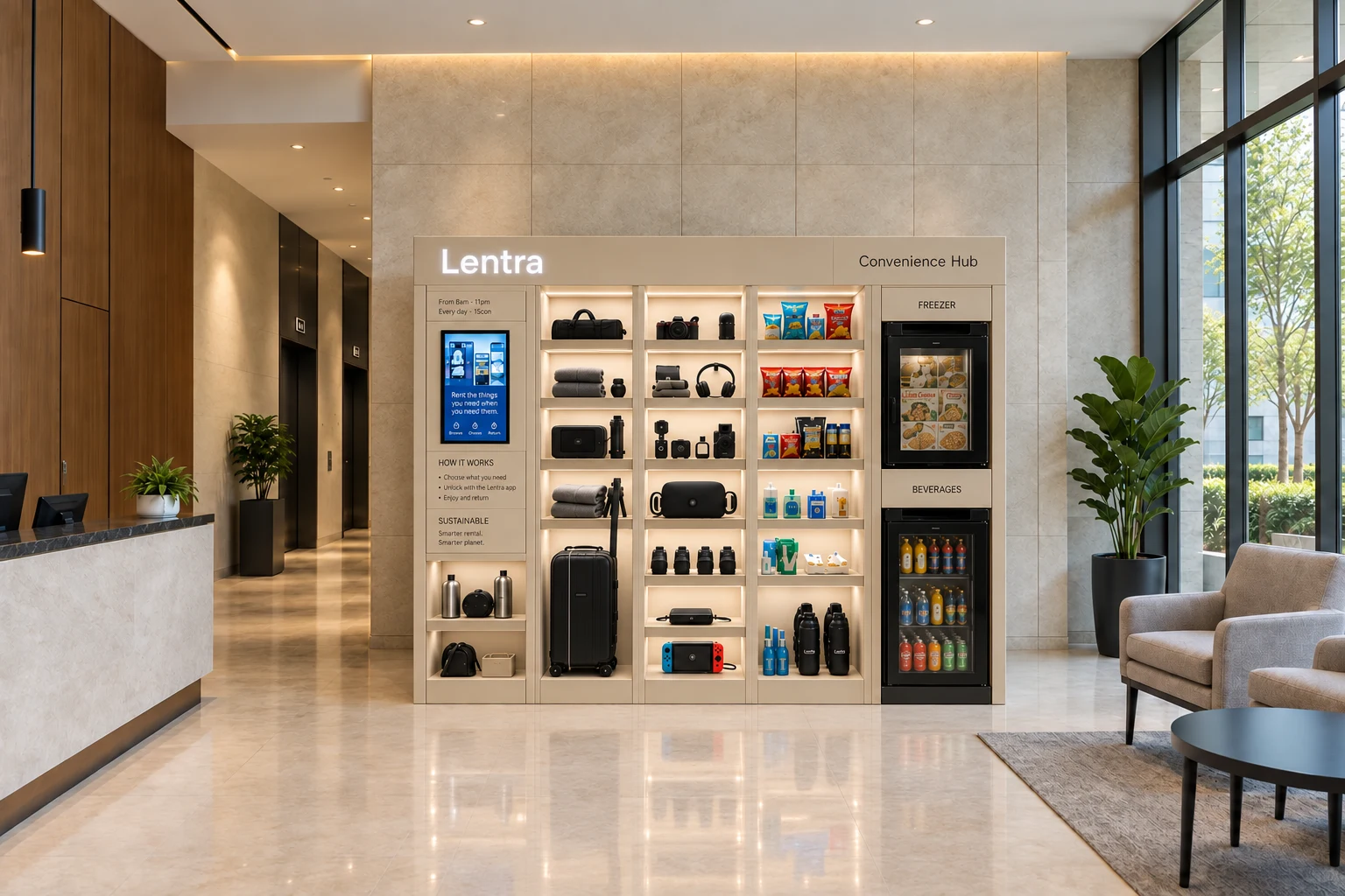 A free-standing Lentra hub with open lit shelving against a lobby wall, with a touchscreen at the left and a freezer and beverage cabinet at the right
