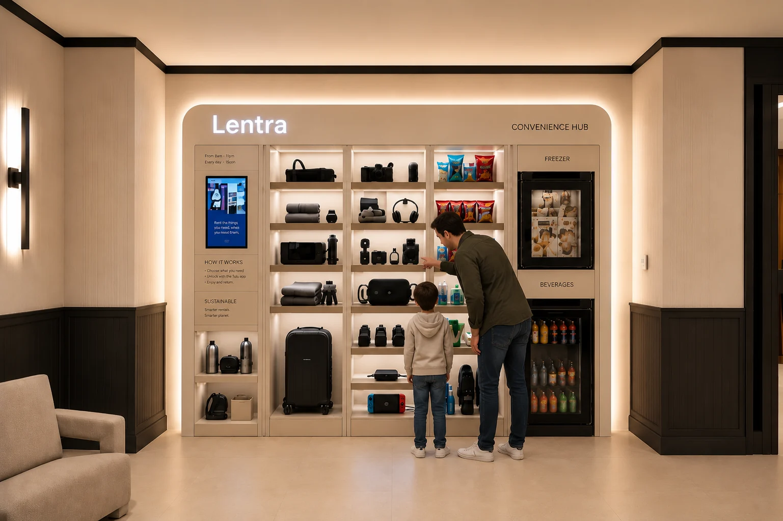 A family exploring the Lentra convenience hub