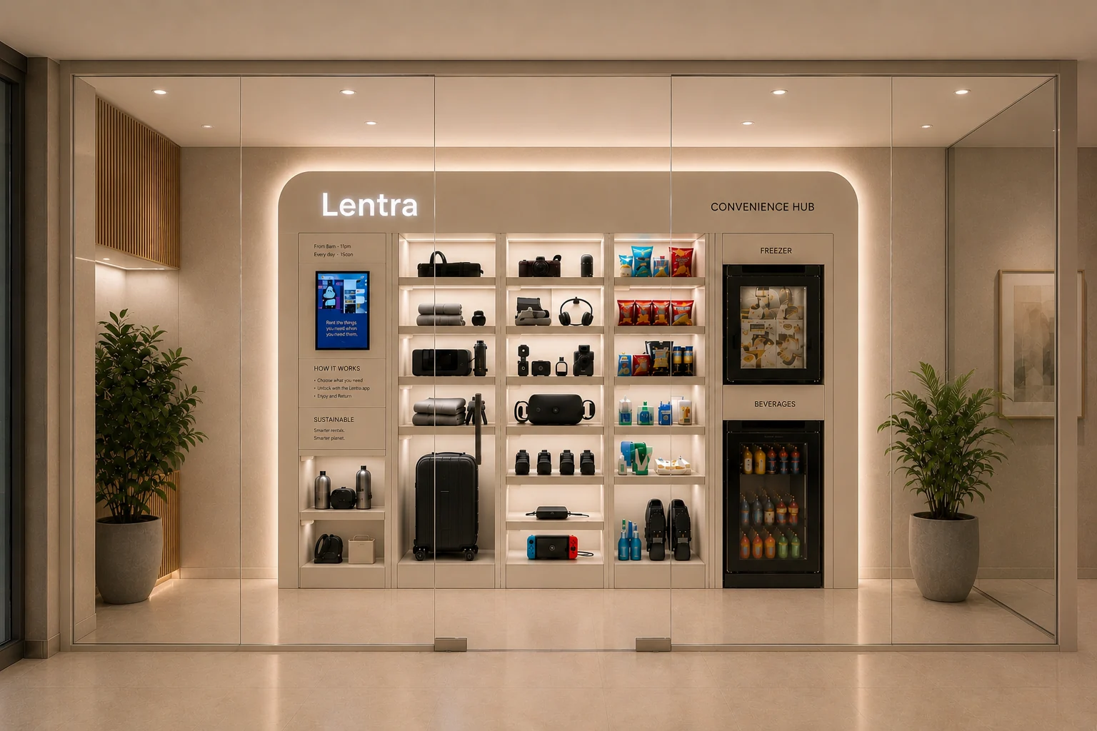 Lentra smart-locker wall in a building lobby